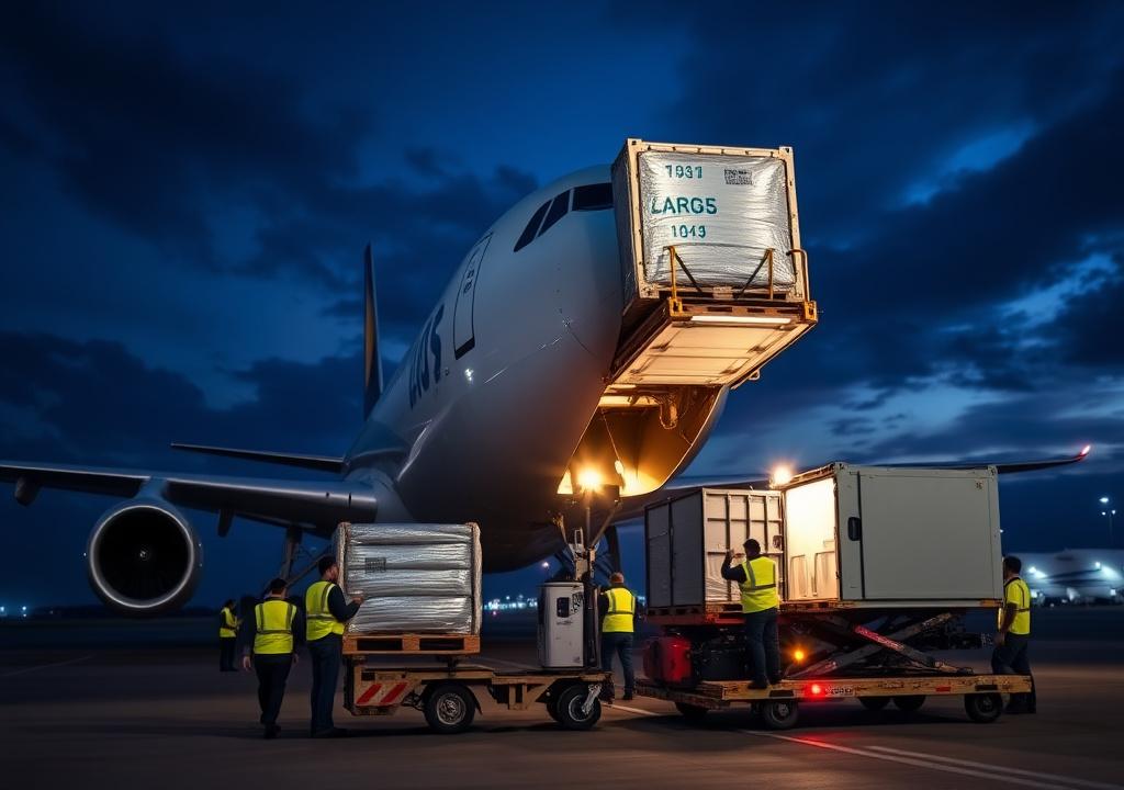 Cargo loader lifting a unit load device into a wide-body aircraft