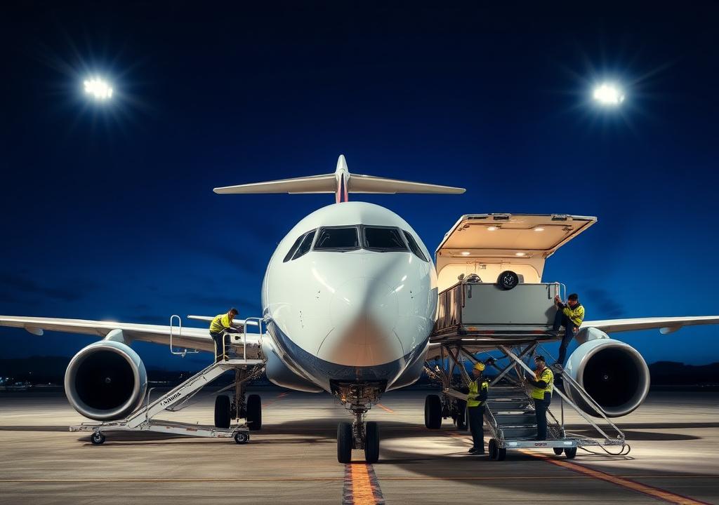 Express cargo aircraft being loaded under floodlights at night