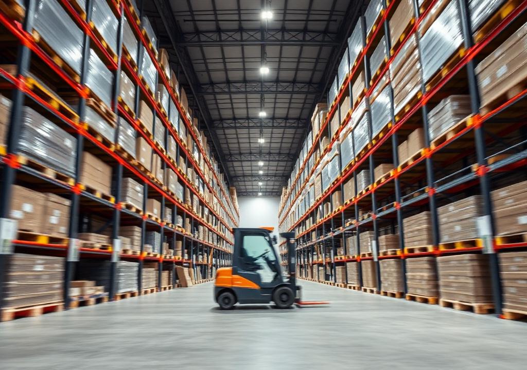 Wide aisle inside a modern bonded warehouse with racked pallets