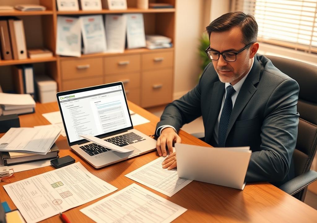 Customs broker reviewing shipping documents at a desk
