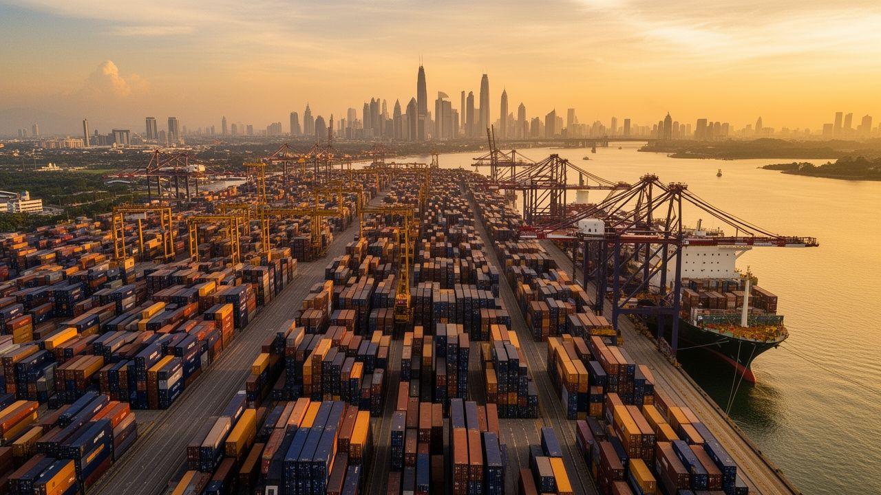Aerial view of a busy Malaysian container port at sunrise