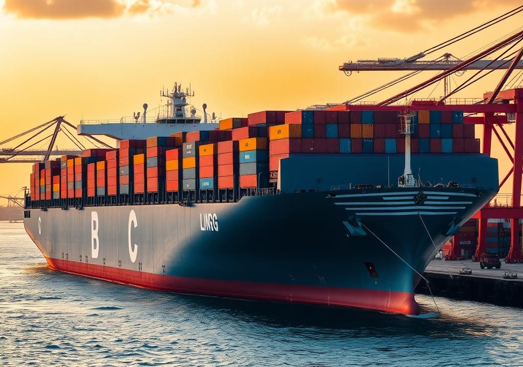 Container ship at Port Klang being unloaded by gantry cranes
