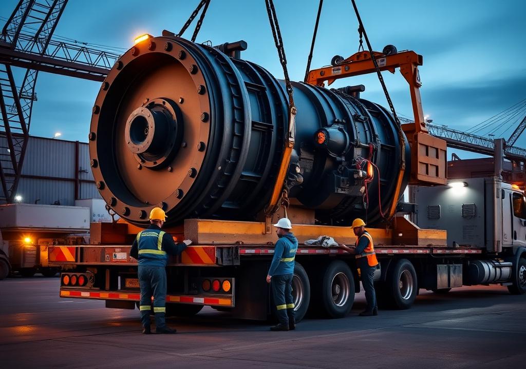 Industrial machinery being secured to a flatbed trailer